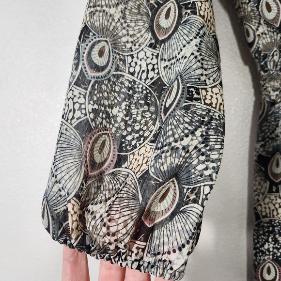Veronica M Catia Peacock Feather Print Chiffon Smocked Dress L - Picture 6 of 17